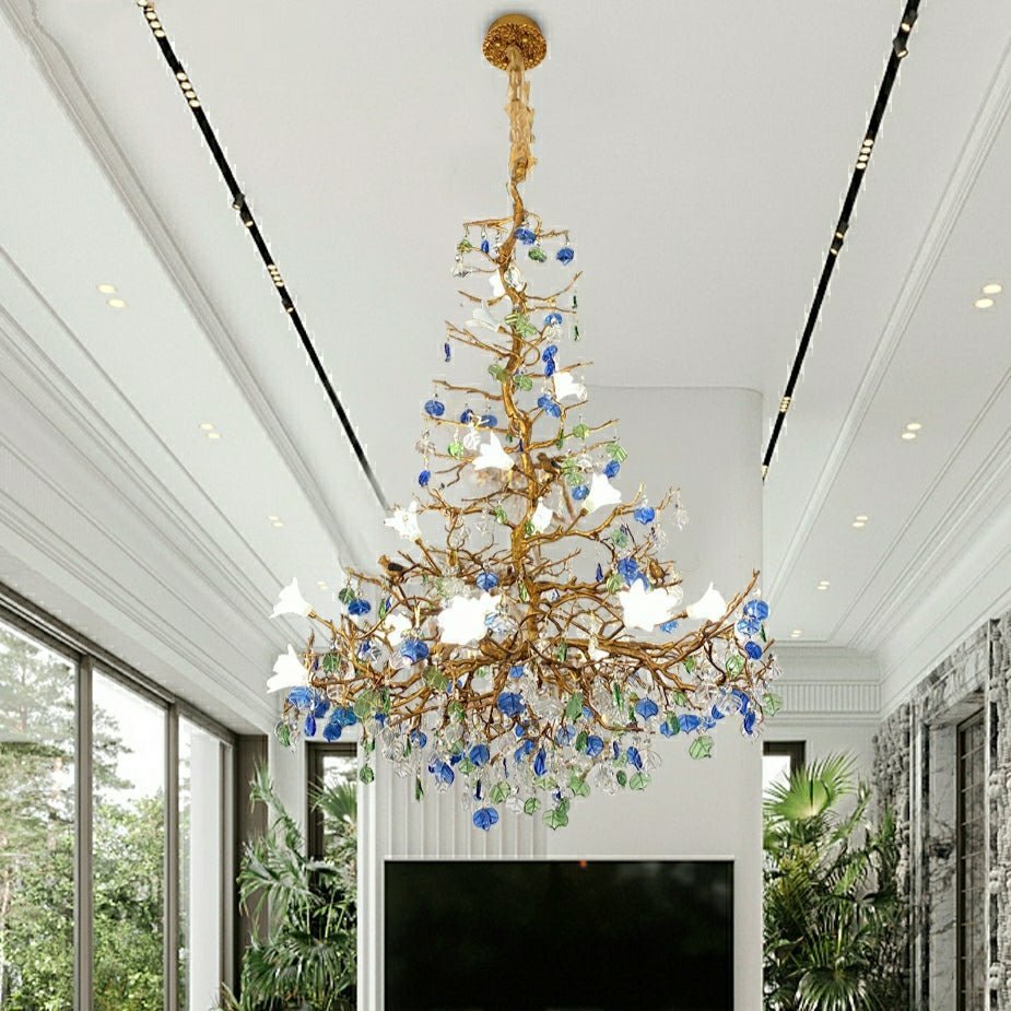 Stylish Colored Glaze Flower Crystal Chandelier Brass Tree Branch Ceiling Light For Living Room Hotel Hall - Zelno Lighting