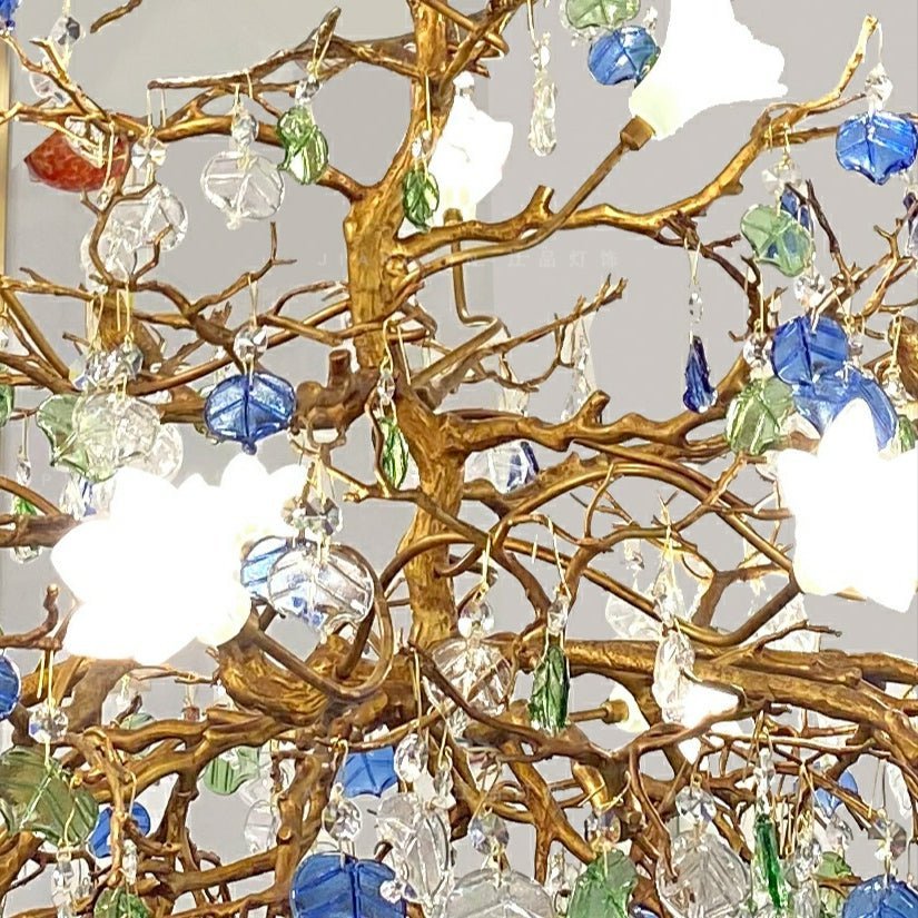 Stylish Colored Glaze Flower Crystal Chandelier Brass Tree Branch Ceiling Light For Living Room Hotel Hall - Zelno Lighting