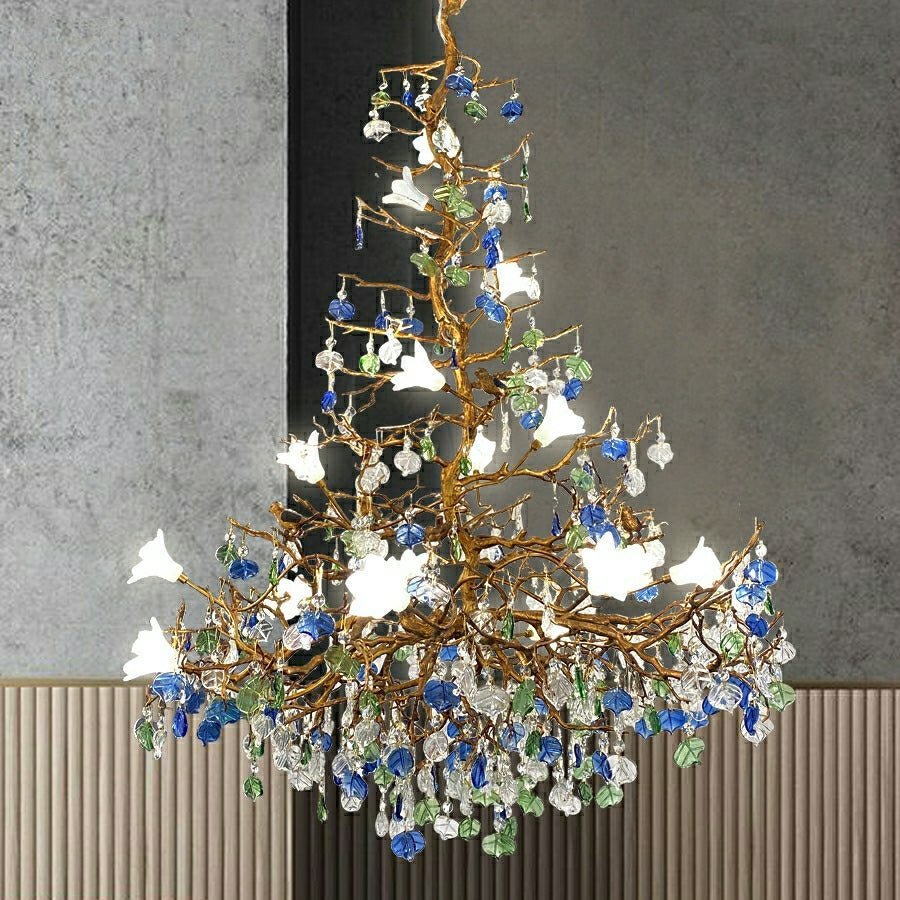 Stylish Colored Glaze Flower Crystal Chandelier Brass Tree Branch Ceiling Light For Living Room Hotel Hall - Zelno Lighting
