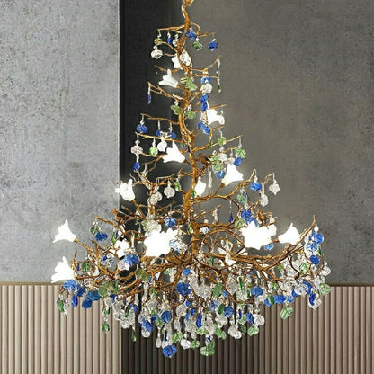 Stylish Colored Glaze Flower Crystal Chandelier Brass Tree Branch Ceiling Light For Living Room Hotel Hall - Zelno Lighting
