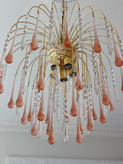 Vintage – Murano Teardrops Chandelier – 70s – Pink prisms - Zelno Lighting