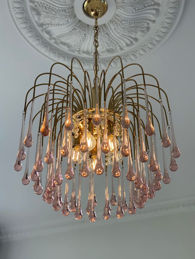 Vintage – Murano Teardrops Chandelier – 70s – Pink prisms - Zelno Lighting