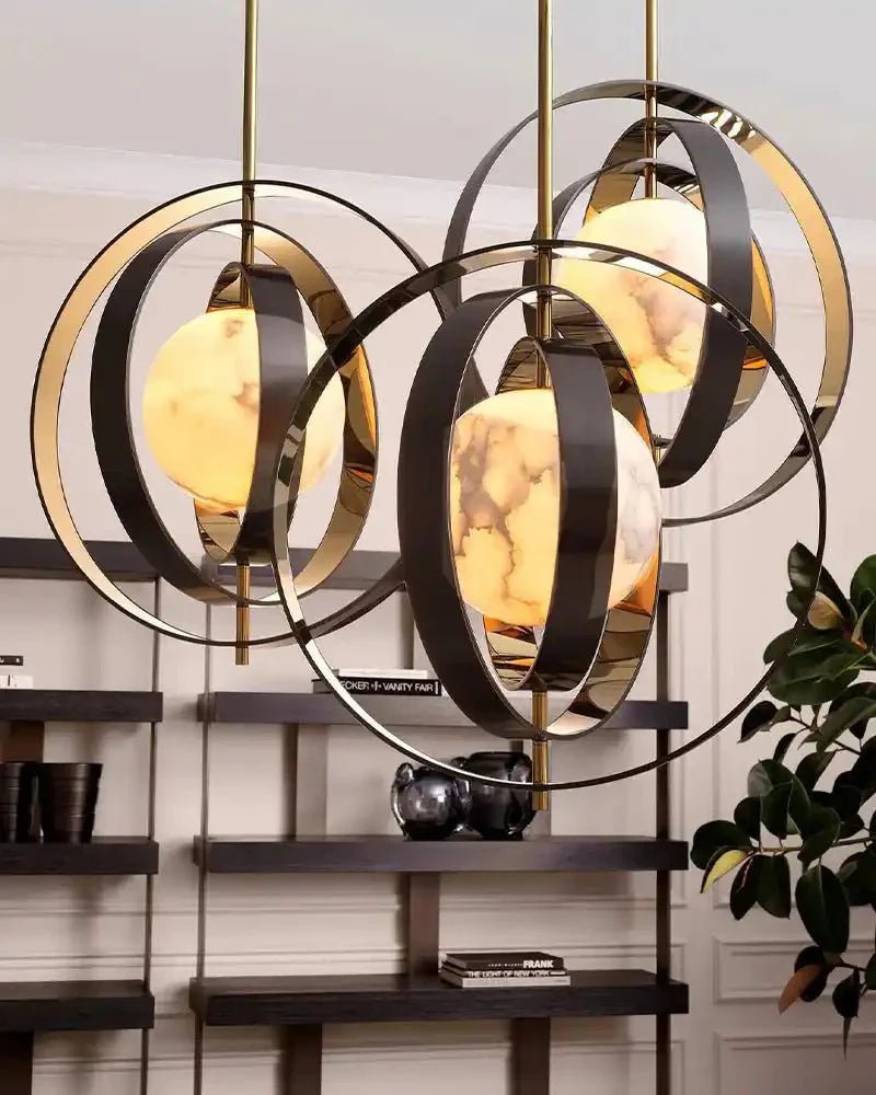 White Alabaster Round Ceiling Pendant Lamp - Gold & Bronze Rotatable Ring - Zelno