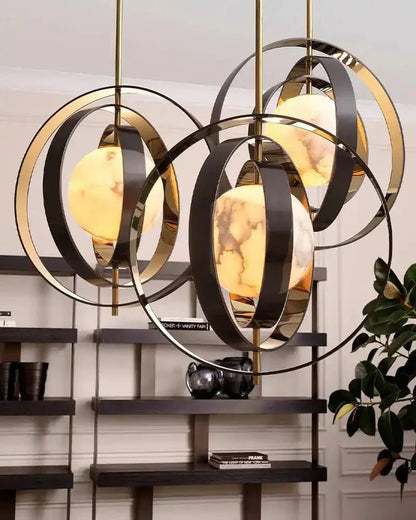 White Alabaster Round Ceiling Pendant Lamp - Gold & Bronze Rotatable Ring - Zelno