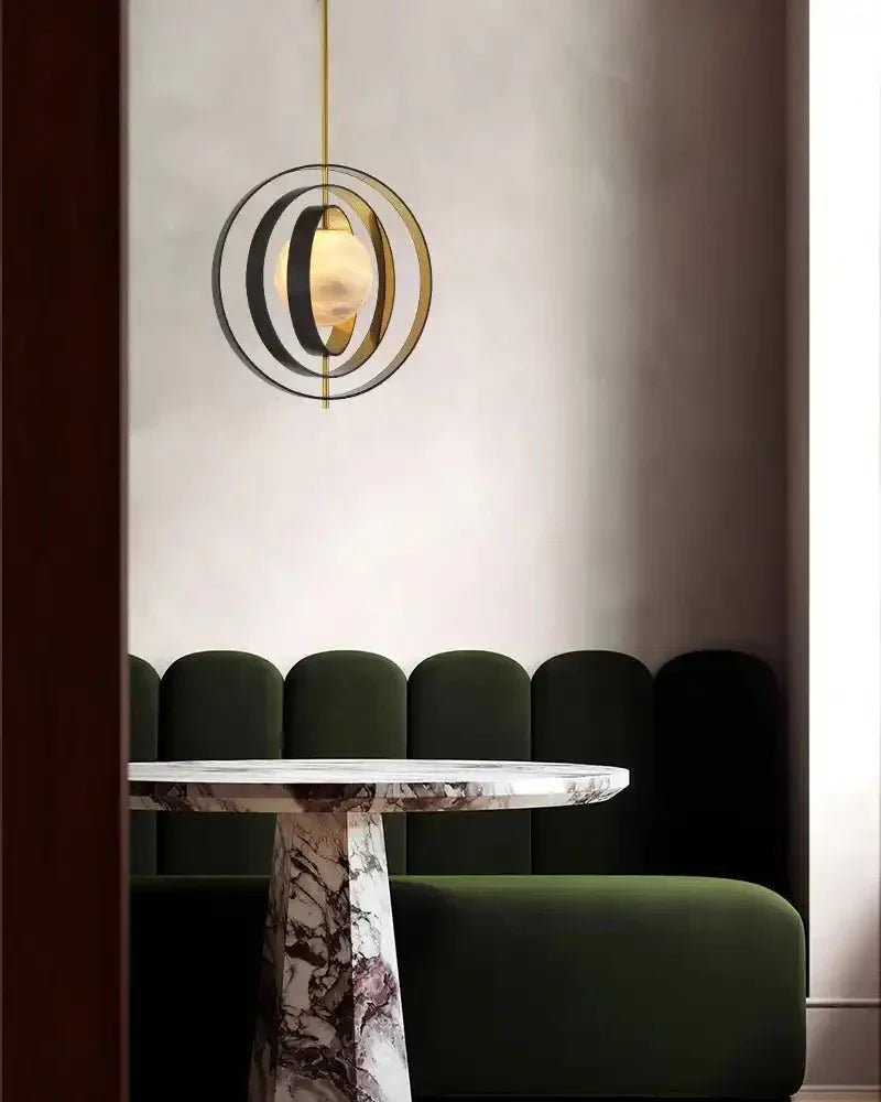 White Alabaster Round Ceiling Pendant Lamp - Gold & Bronze Rotatable Ring - Zelno