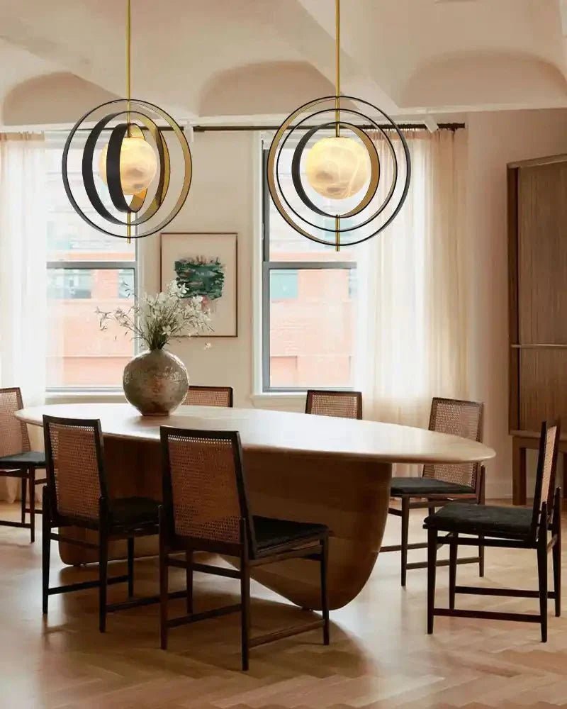 White Alabaster Round Ceiling Pendant Lamp - Gold & Bronze Rotatable Ring - Zelno