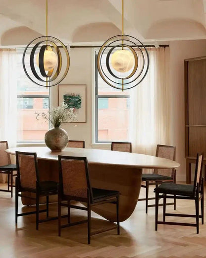 White Alabaster Round Ceiling Pendant Lamp - Gold & Bronze Rotatable Ring - Zelno