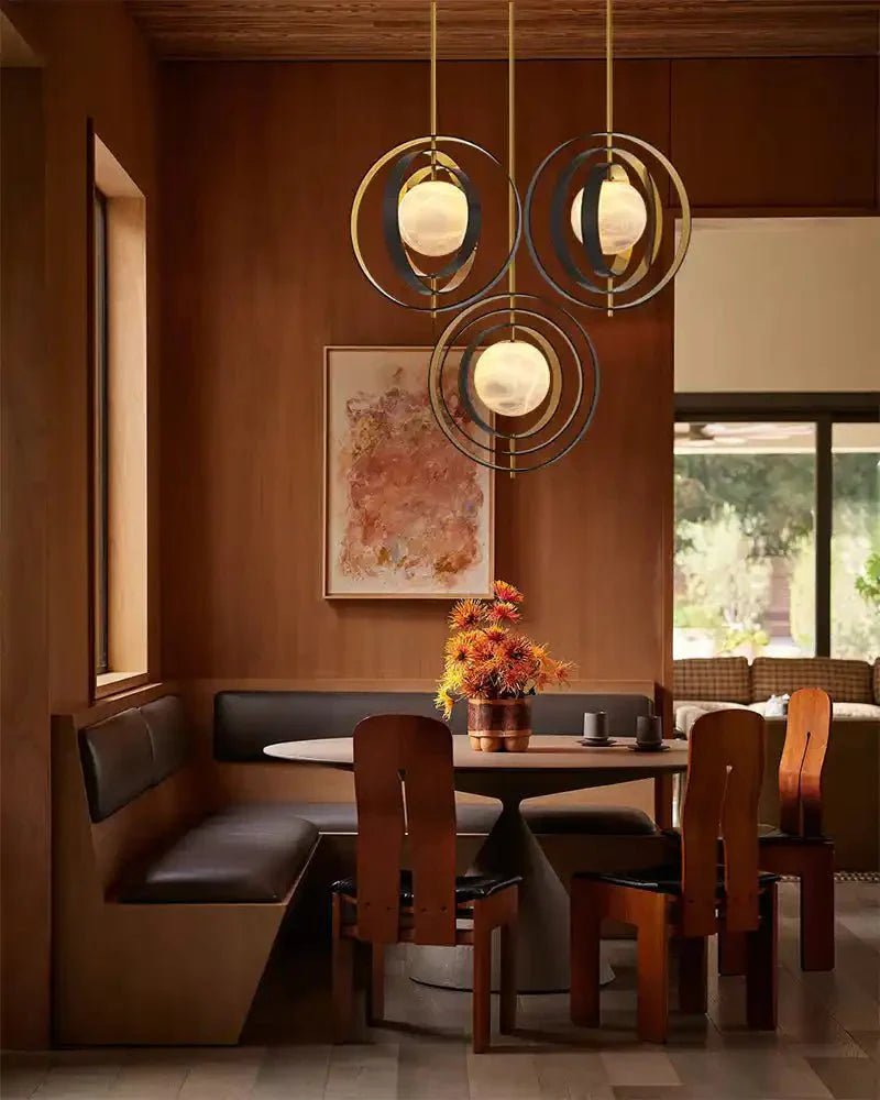 White Alabaster Round Ceiling Pendant Lamp - Gold & Bronze Rotatable Ring - Zelno
