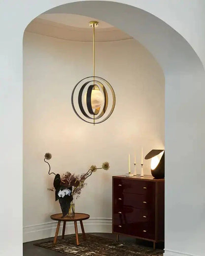 White Alabaster Round Ceiling Pendant Lamp - Gold & Bronze Rotatable Ring - Zelno