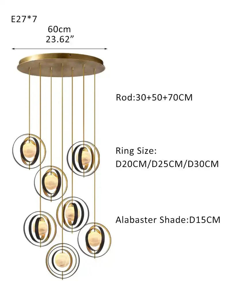 White Alabaster Round Ceiling Pendant Lamp - Gold & Bronze Rotatable Ring - Zelno