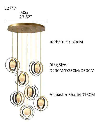 White Alabaster Round Ceiling Pendant Lamp - Gold & Bronze Rotatable Ring - Zelno