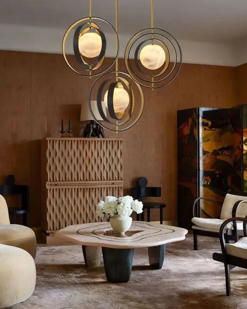 White Alabaster Round Ceiling Pendant Lamp - Gold & Bronze Rotatable Ring - Zelno