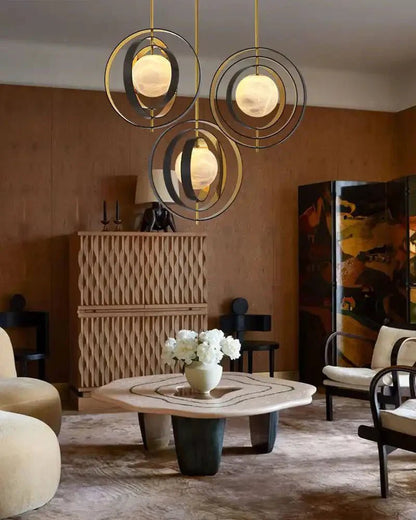 White Alabaster Round Ceiling Pendant Lamp - Gold & Bronze Rotatable Ring - Zelno
