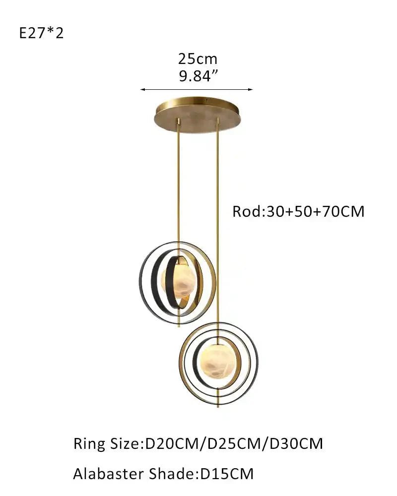 White Alabaster Round Ceiling Pendant Lamp - Gold & Bronze Rotatable Ring - Zelno