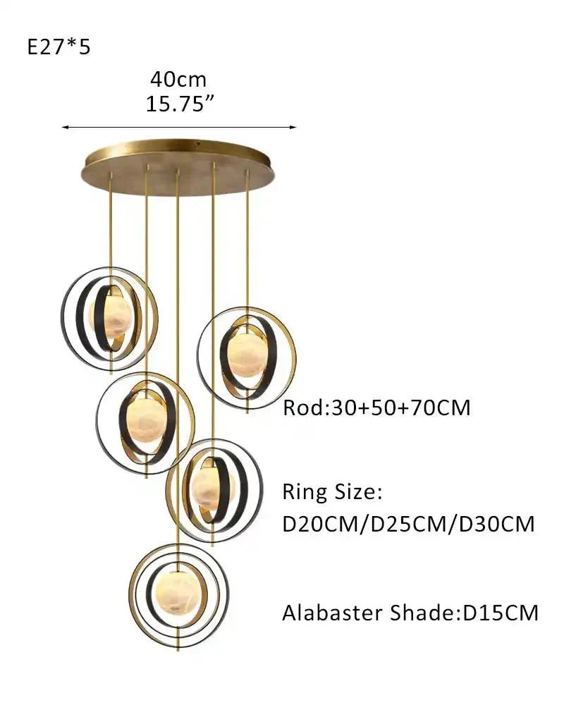 White Alabaster Round Ceiling Pendant Lamp - Gold & Bronze Rotatable Ring - Zelno