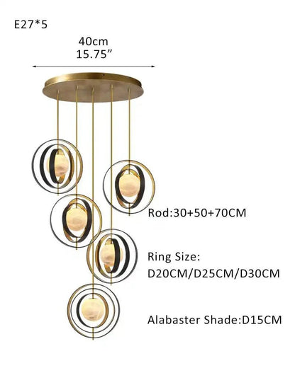 White Alabaster Round Ceiling Pendant Lamp - Gold & Bronze Rotatable Ring - Zelno