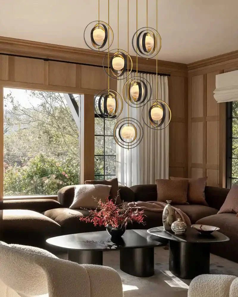 White Alabaster Round Ceiling Pendant Lamp - Gold & Bronze Rotatable Ring - Zelno