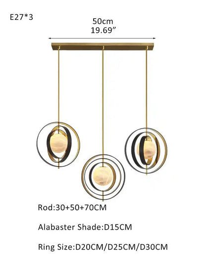 White Alabaster Round Ceiling Pendant Lamp - Gold & Bronze Rotatable Ring - Zelno