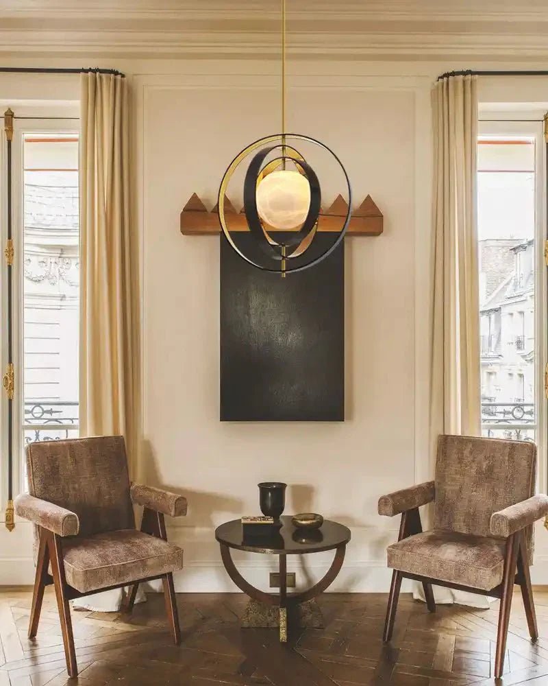 White Alabaster Round Ceiling Pendant Lamp - Gold & Bronze Rotatable Ring - Zelno