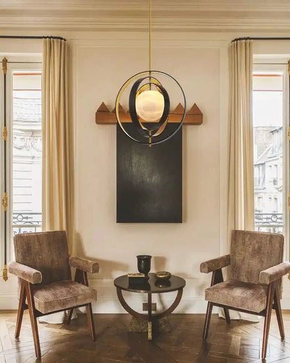 White Alabaster Round Ceiling Pendant Lamp - Gold & Bronze Rotatable Ring - Zelno