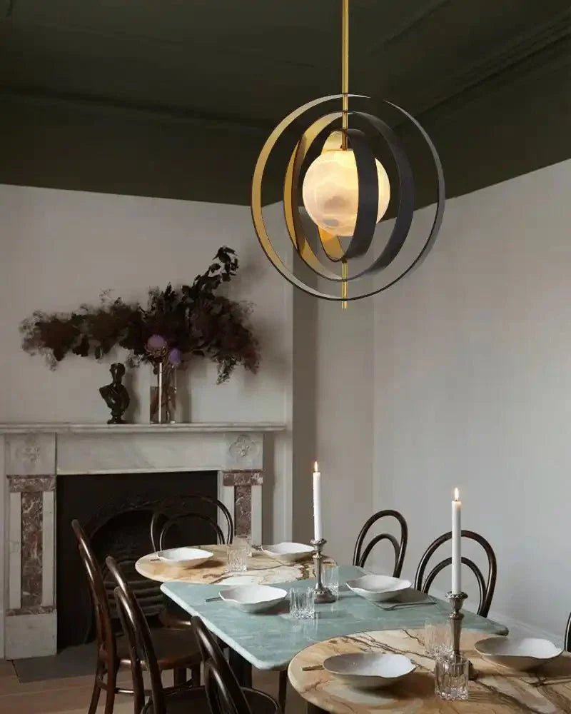 White Alabaster Round Ceiling Pendant Lamp - Gold & Bronze Rotatable Ring - Zelno