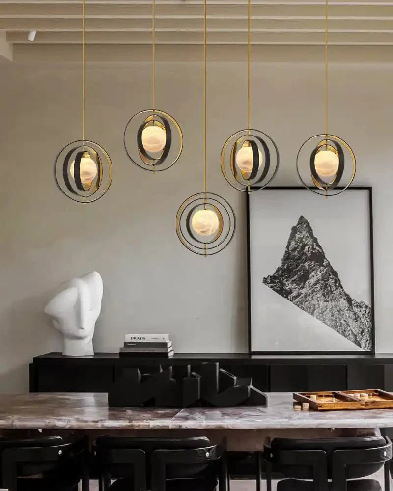 White Alabaster Round Ceiling Pendant Lamp - Gold & Bronze Rotatable Ring - Zelno