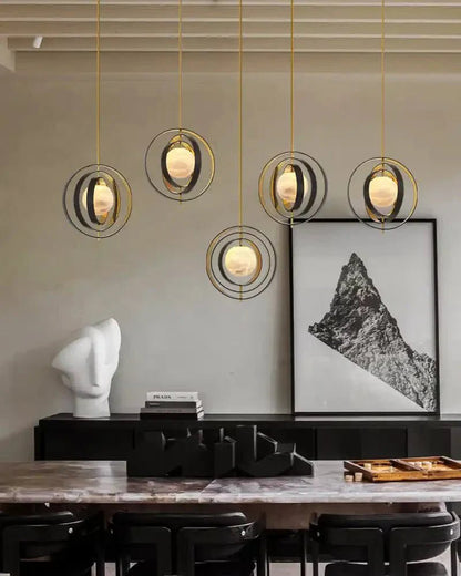 White Alabaster Round Ceiling Pendant Lamp - Gold & Bronze Rotatable Ring - Zelno