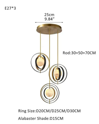 White Alabaster Round Ceiling Pendant Lamp - Gold & Bronze Rotatable Ring - Zelno