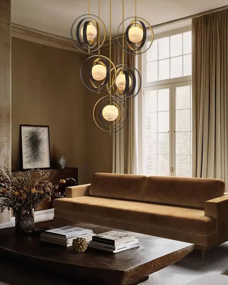 White Alabaster Round Ceiling Pendant Lamp - Gold & Bronze Rotatable Ring - Zelno