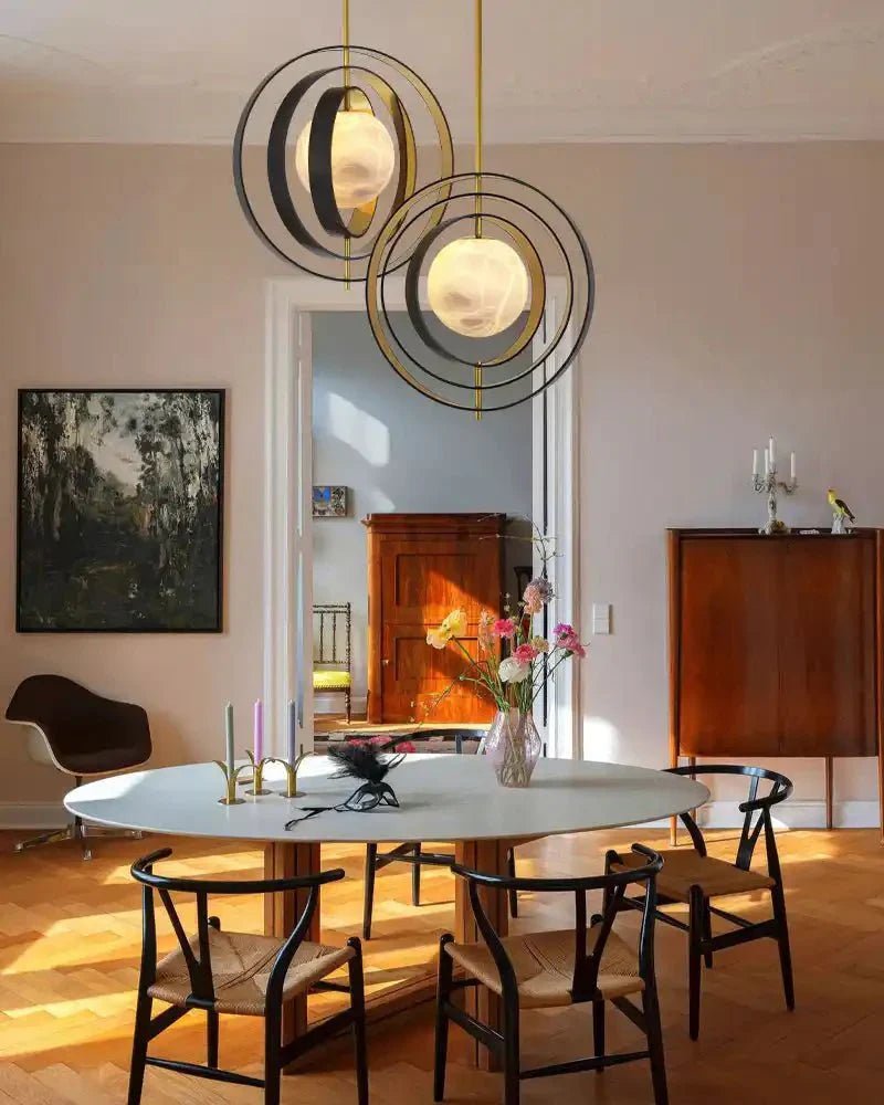 White Alabaster Round Ceiling Pendant Lamp - Gold & Bronze Rotatable Ring - Zelno
