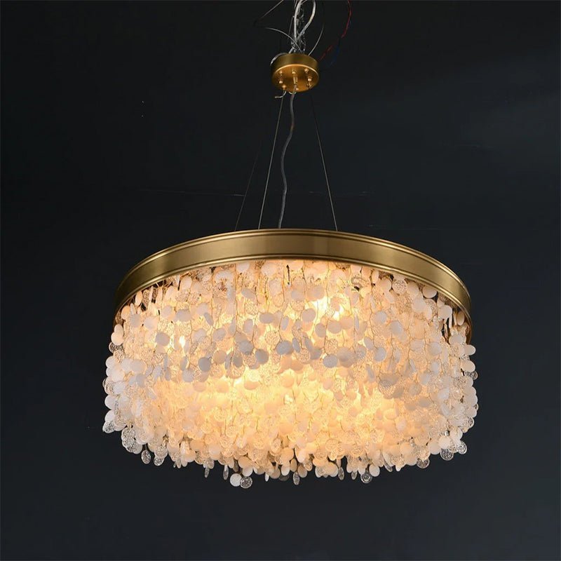 White Leaves Brass Framework Round Chandelier - Zelno Lighting
