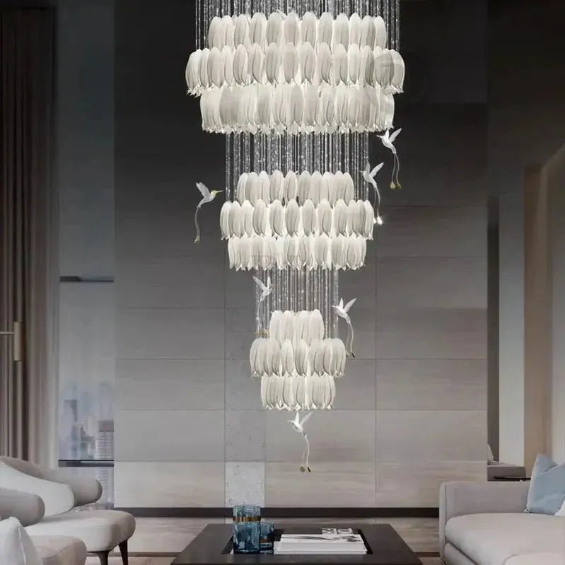Yina White Ceramic Tulip Chandelier For Staircase - Zelno Lighting