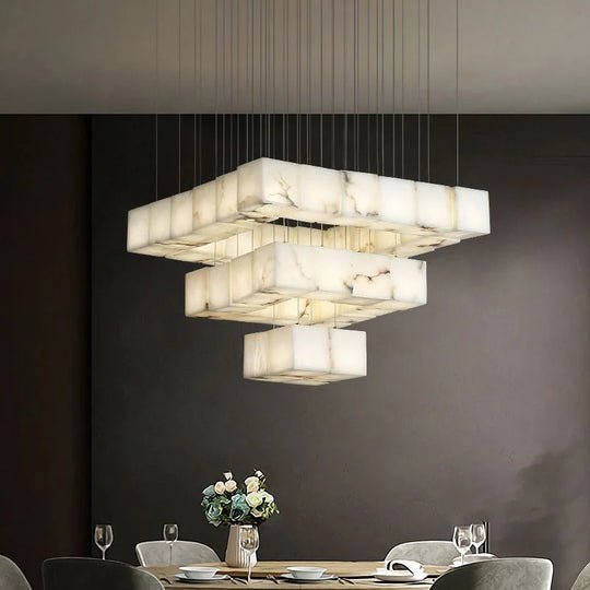 zelnolighting Modern Luxury Alabaster Cubic Round Pendant For Dining Table, Staircase - Zelno